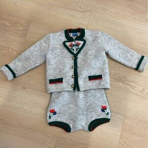 Gender neutral knit crochet embroidered sweater outfit